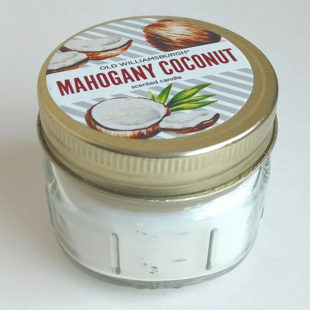 Old Williamsburg Mahogany Coconut Scented Jar Candle in Mini Mason Jar White